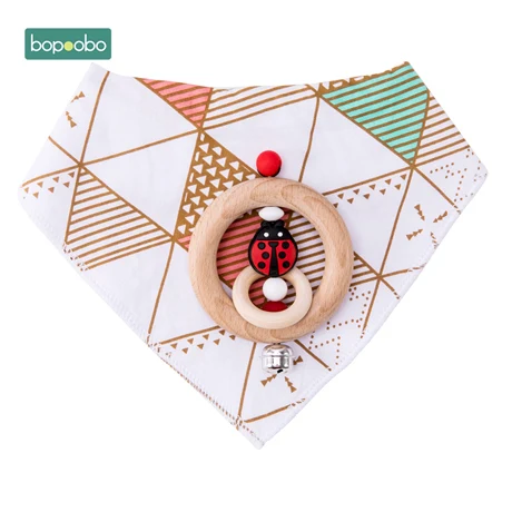 Ladybug set Bopoobo детская погремушка из бука, деревянные Прорезыватели для зубов Прорезыватель для зубов из пищевого силикона, деревянный мини-детский хлопковый слюнявчик, набор для кормления, Товары для малышей - Цвет: Ladybug set