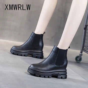 

XMWRLW 2020 Women's Split Leather Ankle Boots Casual Slip on Warm Winter Shoes Women Ankle Boots High Heels Ladies Winter Boot