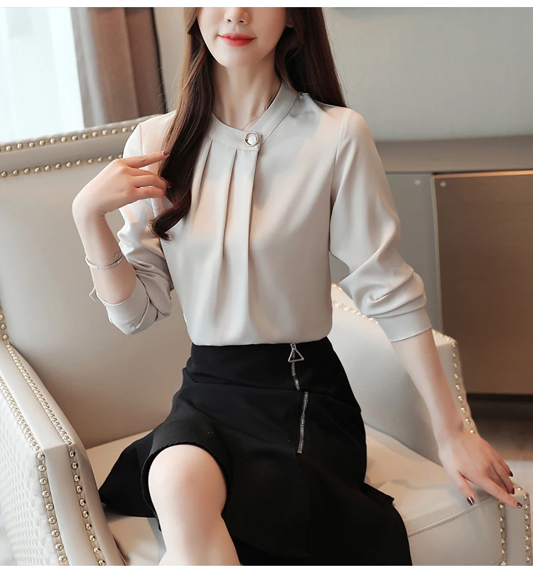 Camisas Mujer, новинка, осенняя однотонная блузка с длинным рукавом, женская рубашка, топы OL, винтажный пуловер с круглым вырезом, женская блузка, одежда 7161 50