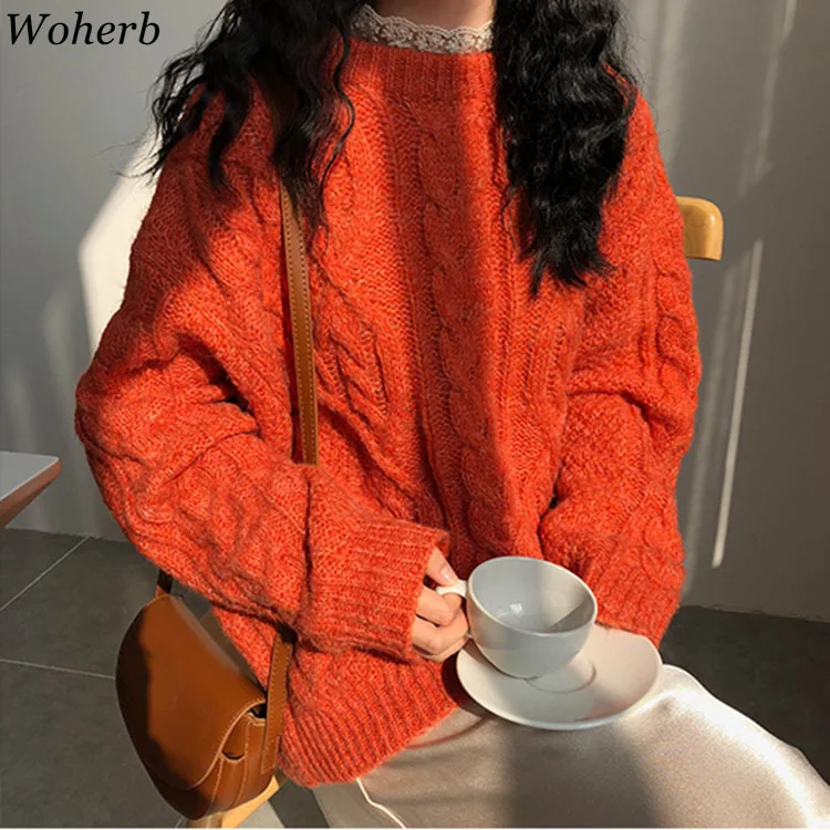 Woherb Pull Femme однотонные Цвет с длинными рукавами и круглым вырезом пуловер с косами Винтаж комбинезоны свободного кроя в Корейском стиле новые модные Sueter 90970