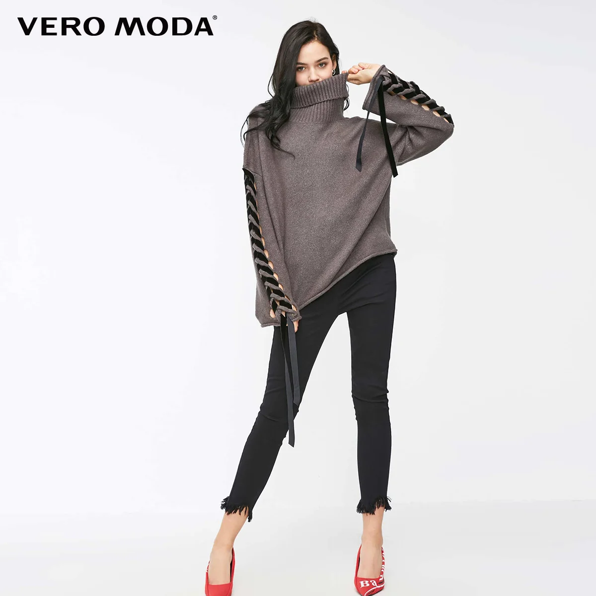 Vero Moda женский свободный крой с вырезом и высоким вырезом на шнуровке вязаный свитер | 318313506