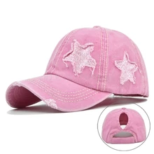 Womens Washed Cotton Baseball Cap Glitter Star Embroidery Vintage Distressed Messy High Bun Ponytail Hole Trucker Hat