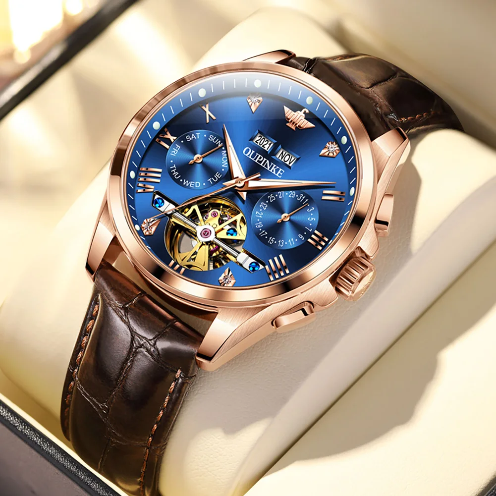 

Switzerland OUPINKE Brand Automatic Mechanical Men Watch Waterproof Skeleton Noctilucent Watch Tourbillon Mechanical Men's Watch