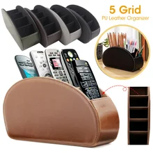 Organizador de cuero sintético con 5 rejillas, caja de almacenamiento con Control remoto de escritorio para teléfono y Tv, soporte para brochas y cosméticos