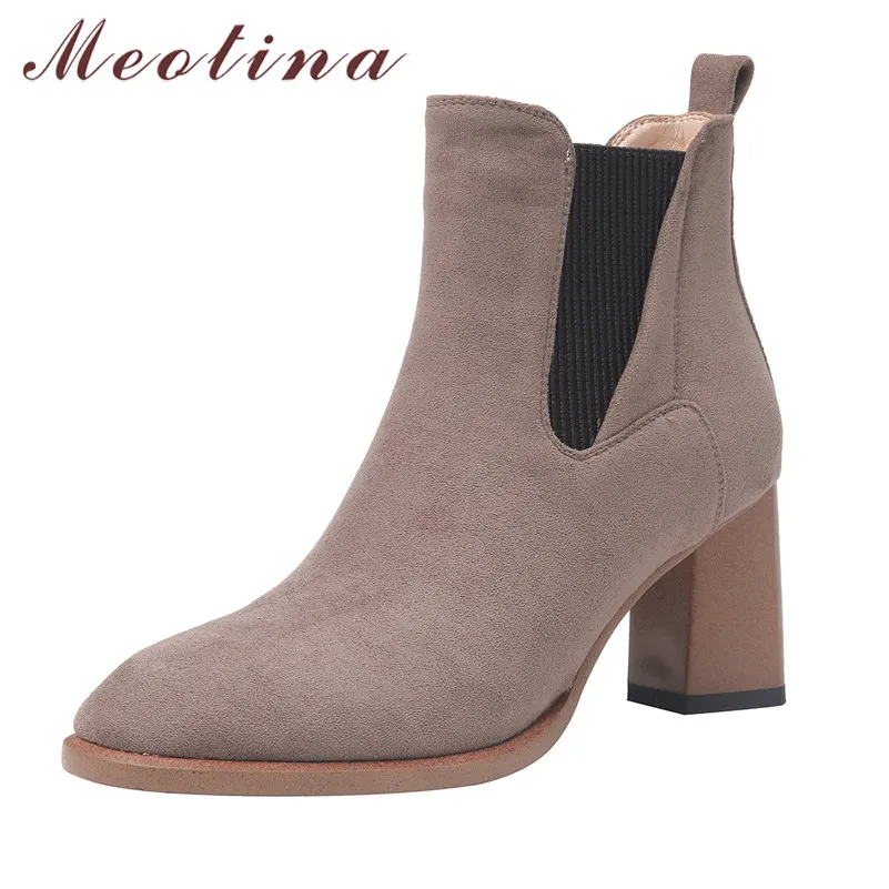 

Meotina Winter Chelsea Boots Women Slip on Thick High Heel Ankle Boots Mixed Colors Square Toe Shoes Ladies Autumn Black Size 39