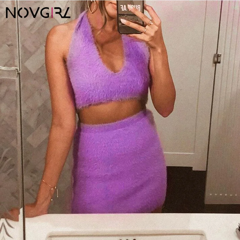 Novgirl искусственный мех бархат вязанный сексуальный комплект из двух предметов