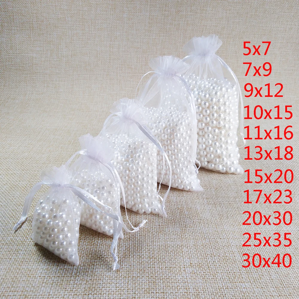 100 unids/lote bolsas blancas de Organza con cordón 7x9 9x12 10x15 13x18 15x20cm bolsas de embalaje de regalo de joyería de fiesta de cumpleaños de boda bolsas