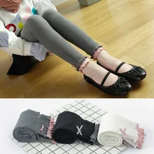 Korean-style New Style Vertical Stripe Frilled Girls' Cropped Pants Combed Cotton Anti-pilling White Leggings Crawler