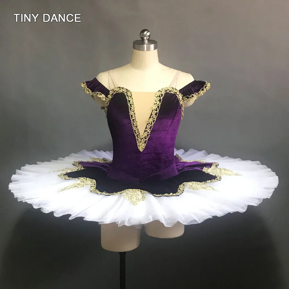 

Off Shoulder Dark Purple Velvet Bodice with Gold Trim White Tutu Professional Ballet Pancake Tutu Ballerina Dance Costume BLL141