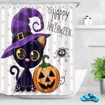 

Happy Halloween Shower Curtain Decor, Cartoon Cat with Pumpkin on a Dots Background Shower Curtains es Polyester Fabric Bathroom