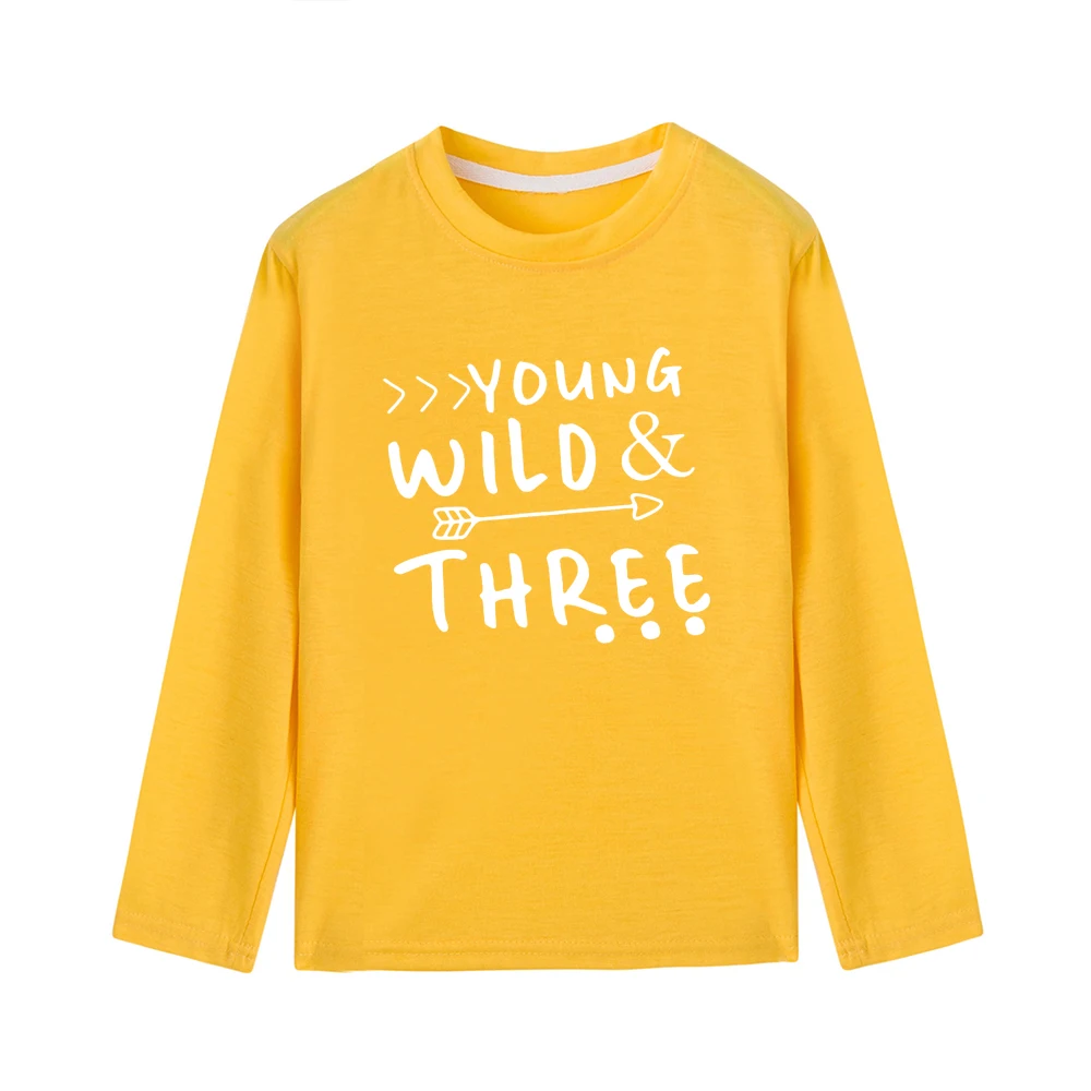 Футболка для малышей с надписью «Young Wild and Three»; рубашка с длинными рукавами на 3 дня рождения; Повседневная рубашка для мальчиков и девочек; топы; модный стиль; подарок для детей