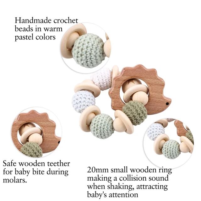 Let's Make 1PC Wooden Teether Hedgehog Crochet Beads Wood Crafts Ring Engraved Bead Baby Teether Wooden Toys For Baby Rattle 4