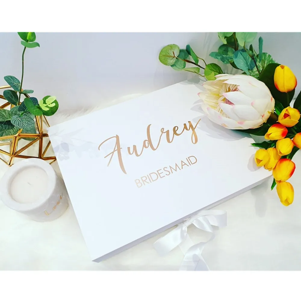 Gift Box Decal Bride Real Foil Bridesmaid Proposal white Custom Name Groomsman Maid of Honour Bridal Party bift box |