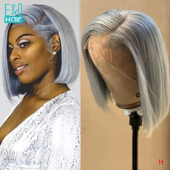 

Lace Front Human Hair Wigs For Women Grey Colored Human Hair Wigs Brazilian Remy Hair Short BOB 13x6 Lace Front Wigs With Bangs