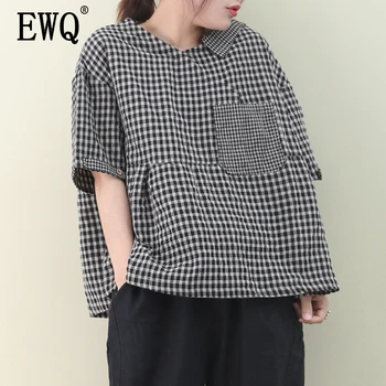 

[EWQ] 2020 Spring Summer New Arrivals Fashion V-neck Plaid Pattern Type Pockets Short Sleeve Women Casual shirt AW06801