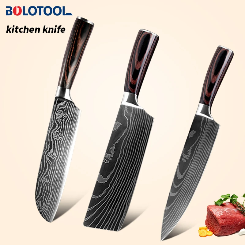 

3Pcs Damascus Kitchen Knife Set 8" Japanese Chef 7" Meat Cleaver Santoku Knives 7CR17 Stainless Steel Cooking Accessories
