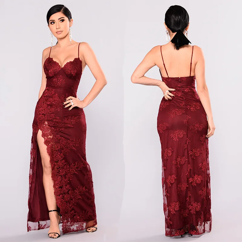 

BGW Sexy V Neck Sleeveless Lace Spaghetti Strap Split Joint White Evening Dresses Backless For Nightclub 2019