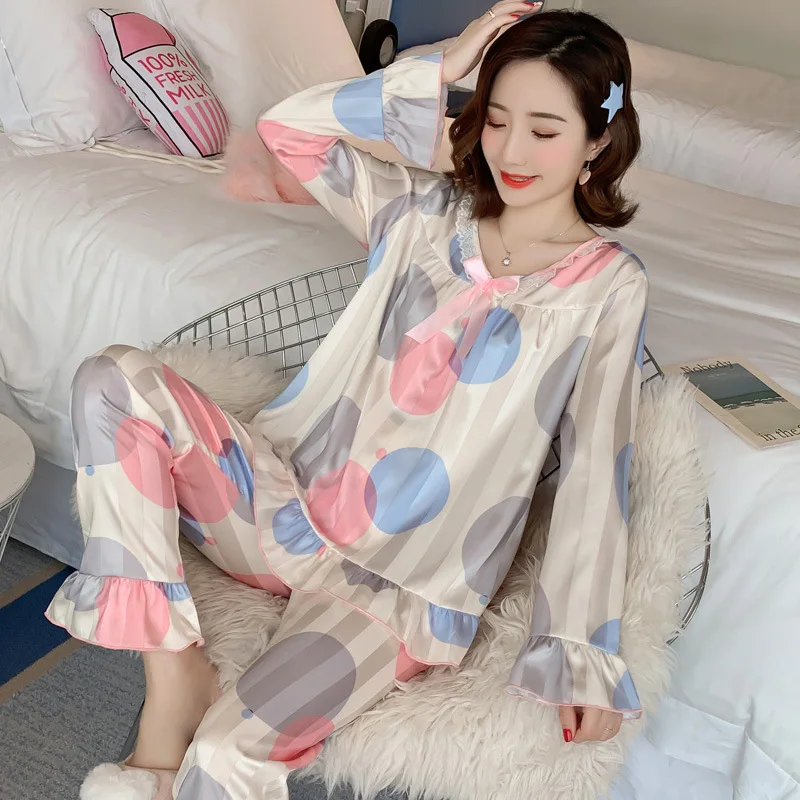 

Spring And Autumn Viscose Pajamas Women Long Sleeve Thin V-neck Imitated Silk Fabric Home Wear Women's Pullover Two-Piece Set Si