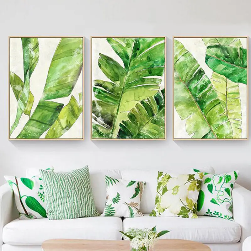 Watercolor Tropical Plant Green Leaves Canvas Painting Art Print Poster Picture Wall Modern Minimalist Bedroom Living Room Décor | Дом и сад