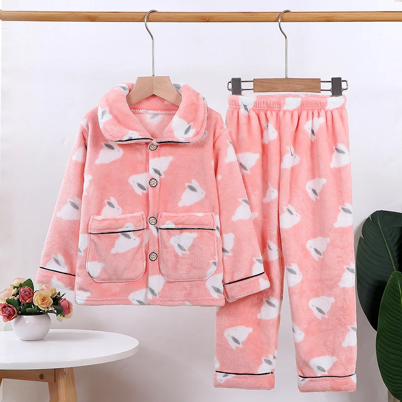 Boys Girls Autumn Winter Flannel Pajama Sets Kids Fashion Cartoon Long Sleeve Lapel Tops with Pants Baby Sleeping Clothing Sets children's birthday pajamas Sleepwear & Robes