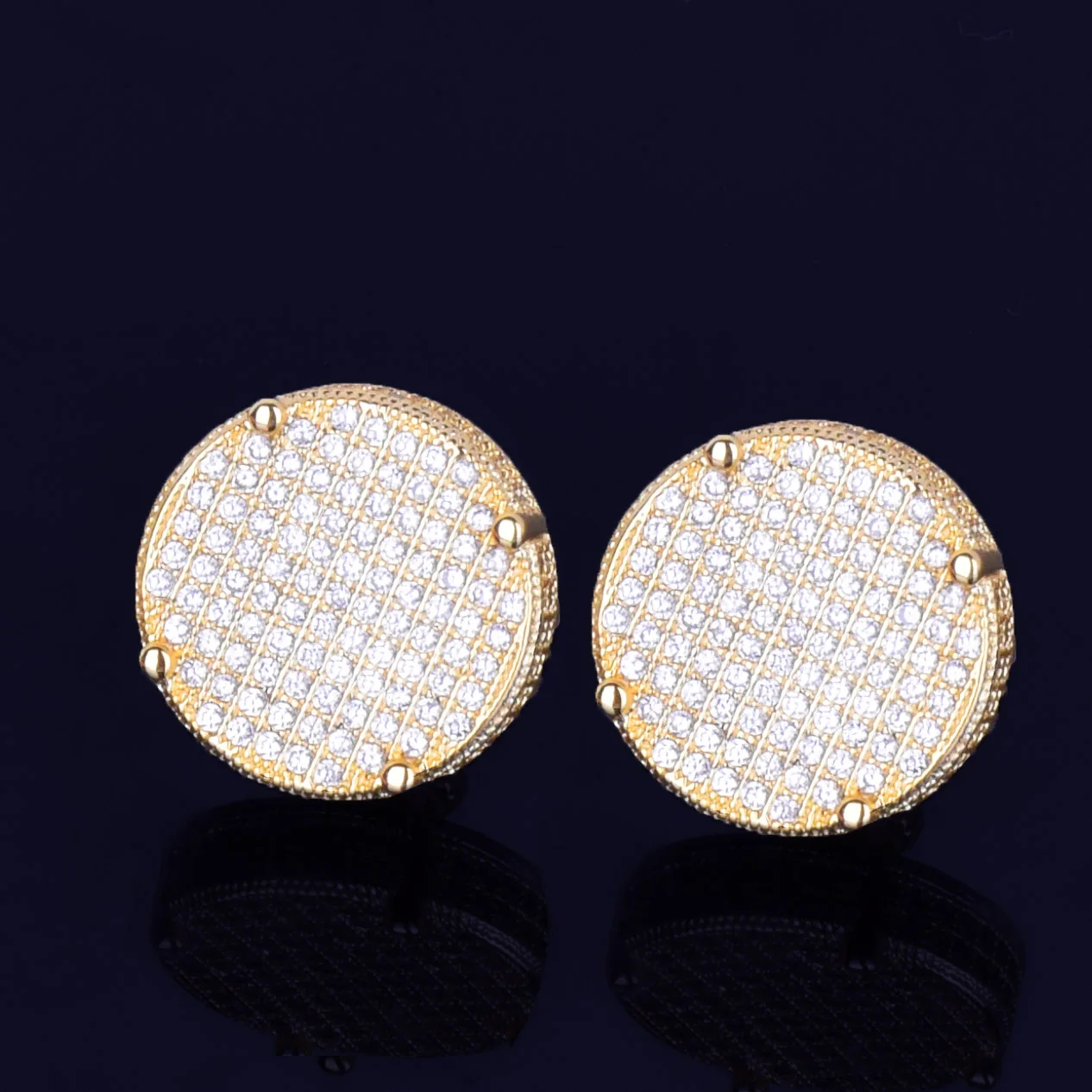 14MM Gold Color Big Round Stud Earring AAAA Cubic Zircon Screw Back Men's Earrings Fashion Hip Hop Jewelry 4