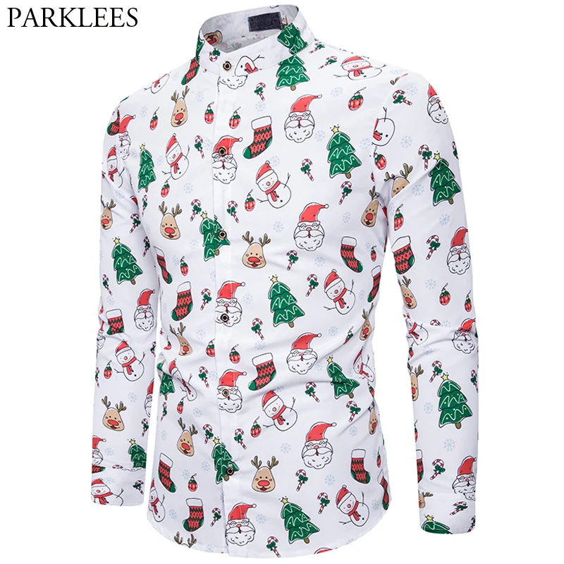 Рождественская Мужская рубашка с принтом снеговика и лося, мужские нарядные рубашки, повседневная приталенная белая сорочка со стоячим воротником, уличная блуза, одежда