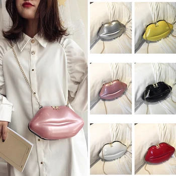 

Women High Capacity Red Lip Clutch Bag Ladies Purse PU Chain 2019 Fashion Shoulder Crossbody Handbag Girl Evening Casual Bag