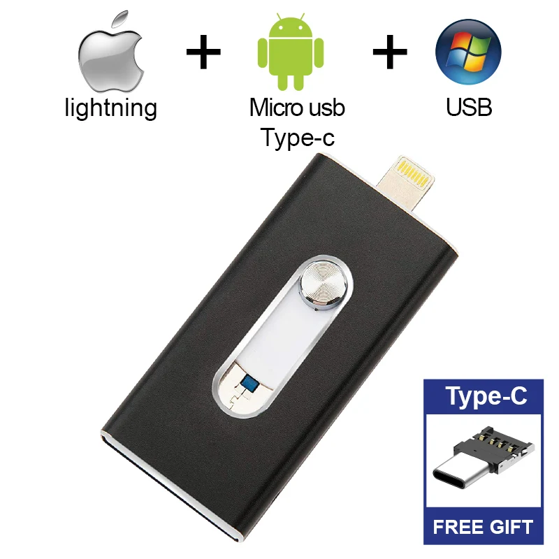 Бесплатный тип-C адаптер Флешка для iphone iPad OTG USB флэш-накопитель Android Micro Photostick USB 3,0 карта памяти 512 ГБ 256 ГБ 128 ГБ - Цвет: black  Type-C