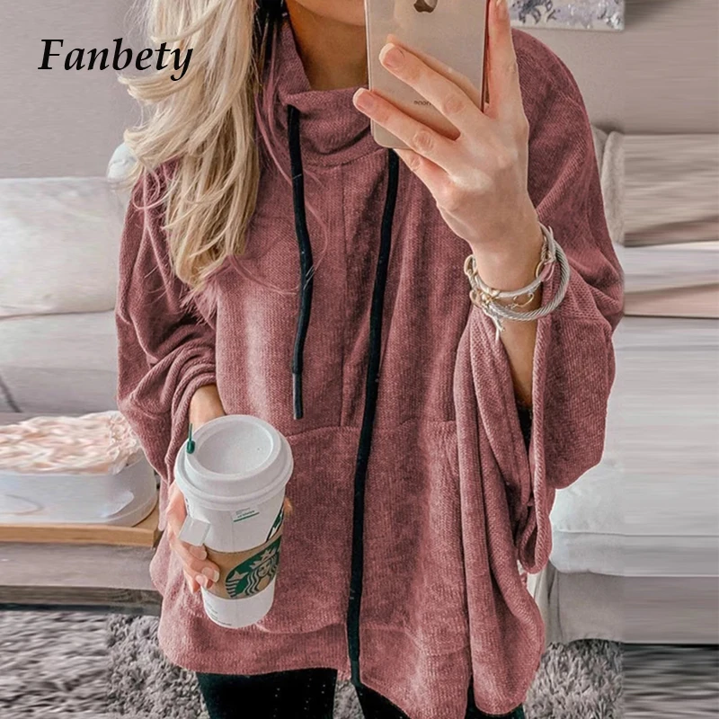

Fanbety Women Casual Long Sleeve Hoodie Blouse Autumn Winter Turtleneck Batwing Sweatshirt Female Solid Pockets Pullovers Tops
