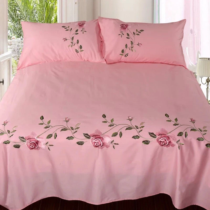 WOSTAR Rose flora embroidery design flat bed sheet solid colour cotton twill linen bedding luxury home textiles queen king size 4