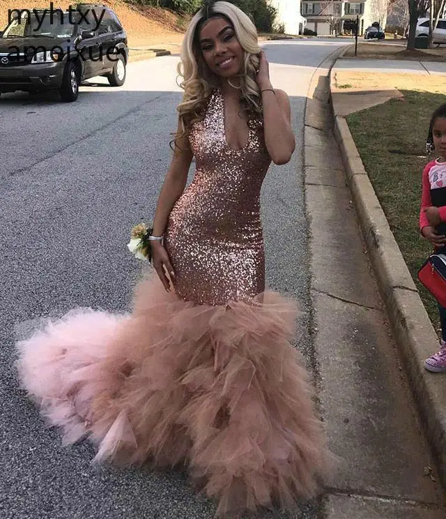 

2019 New African Black Girls Sequined Pink Sexy Prom Dress Rose Gold Formal Wear Evening Party Gown Plus Size Elegant Ballgown
