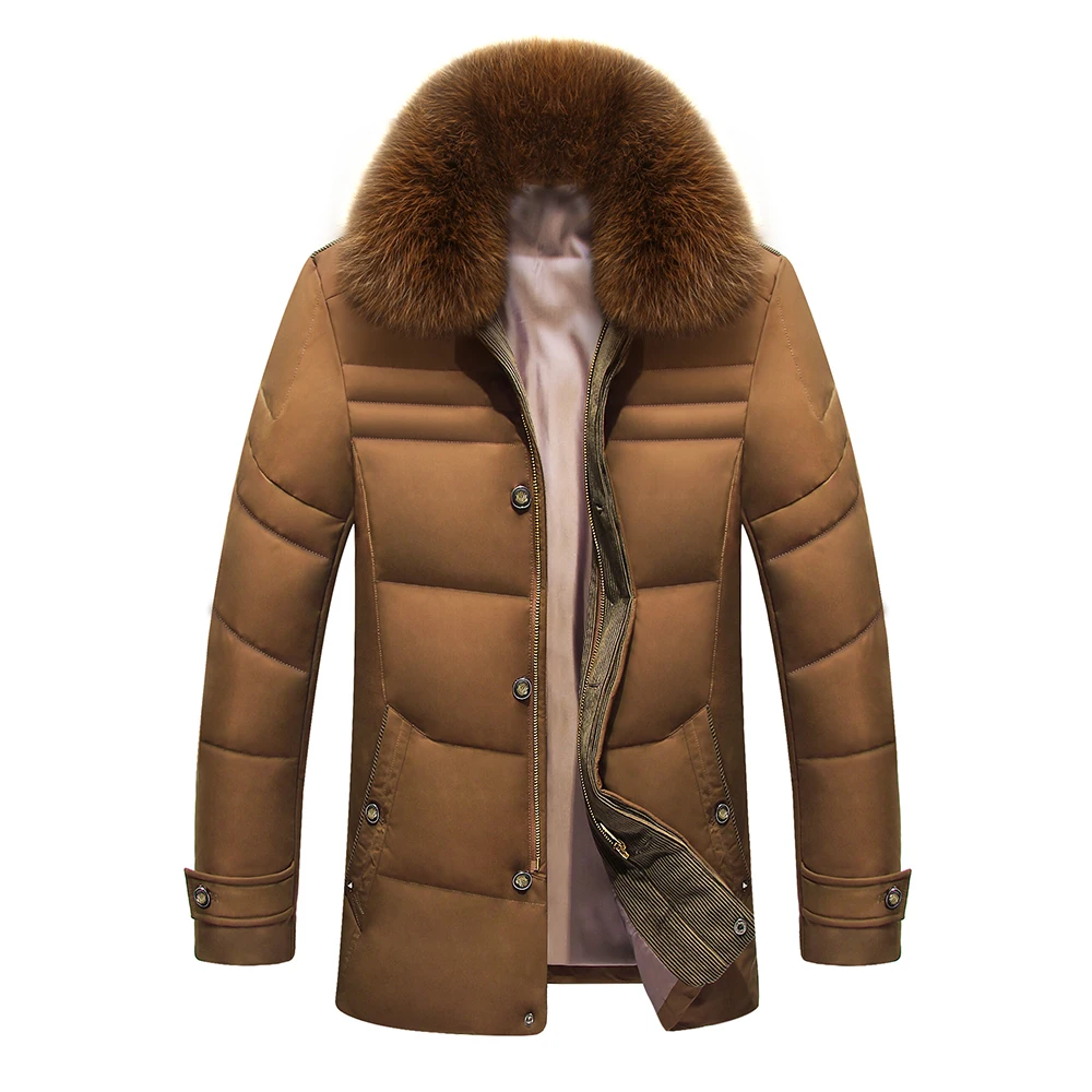 Брендовая мужская зимняя куртка для русской зимы, длинное пальто с меховым воротником, толстая ветрозащитная водонепроницаемая куртка на 80% белом утином пуху для мужчин - Цвет: Khaki