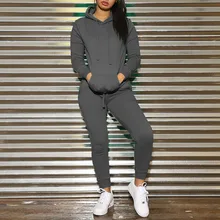 Зимняя Женский комплект 2 шт. толстовка с капюшоном, штаны, однотонный спортивный костюм, пуловер, толстовка с брюками, костюм с карманами, костюмы# g4