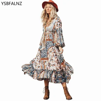 

Summer Boho Vintage Long Dress Women Chiffon Plus Size V-neck Dresses Elegant Party Long Sleeve Splice Printing Spring Vestido