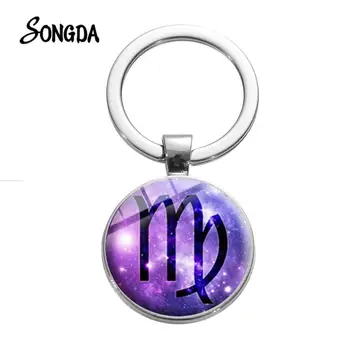 

SONGDA New Arrived 12 Constellation Keychain Horoscope Astrology Zodiac Sign Glass Gem Key Rings Purple Galaxy Llaveros Birthday