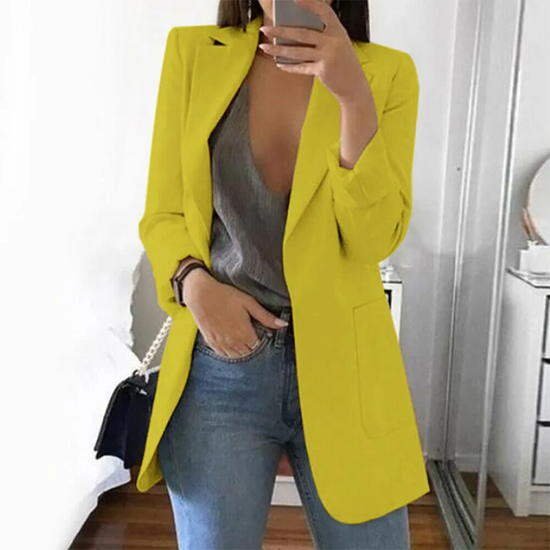 Горячая лето-осень Slim Fit Тонкий Для женщин Бизнес костюм для мальчиков с пиджаком карманы офисные куртка элегантные куртки mujer invierno