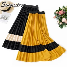 Женская трикотажная длинная юбка SURMIITRO, макси плиссированная юбка с завышенной талией в черно-желтых тонах в корейском стиле для женщин осень зима