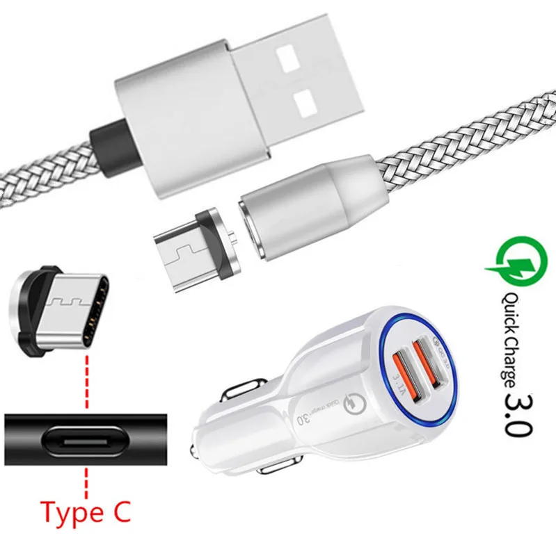 For Samsung galaxy A50 A20 M40 Xiaomi Mi9 Redmi Note 7 Nokia 8.1 OnePlus 7 Pro Magnetic Type C Cable QC 3.0 USB Fast Car charger - Plug Type: EU charger and cable