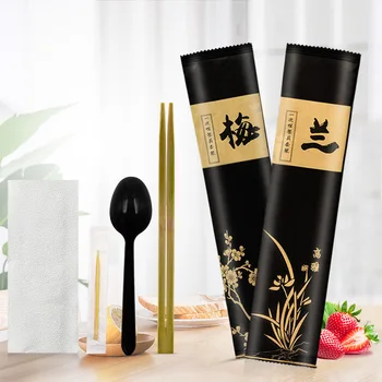 

100pcs Disposable chopsticks four-piece set takeaway package, four-in-one spoon, tissue paper, toothpick, brown paper meal bag