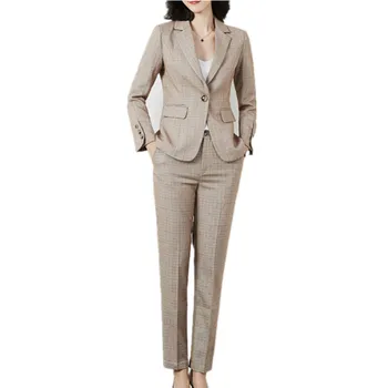 

Elegant plaid women's pants suits 2-piece single-blade blazer & cropped pants fashion Office Lady work professional wear