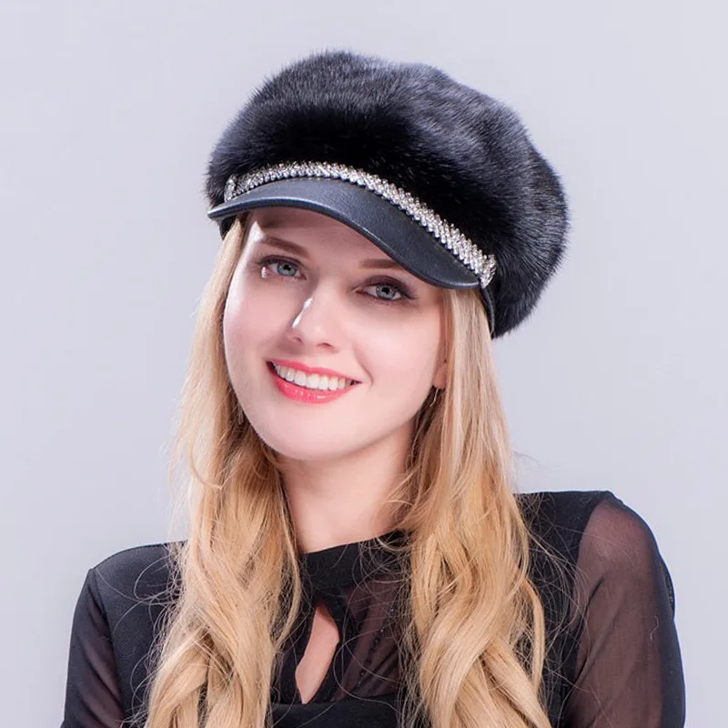 black Натуральный мех, помпон для шапки, меховые женские шляпы с настоящим мехом, женские шапки, зима, русская меховая шапка, женские шапки - Цвет: black