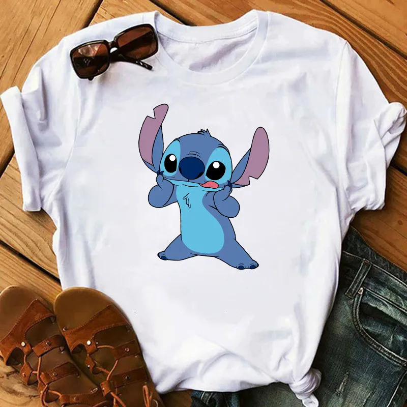 Женская модная футболка Lilo Stitch Harajuku милые футболки с милым мультяшным принтом женская Повседневная футболка милые повседневные топы - Цвет: WTQ2014-White