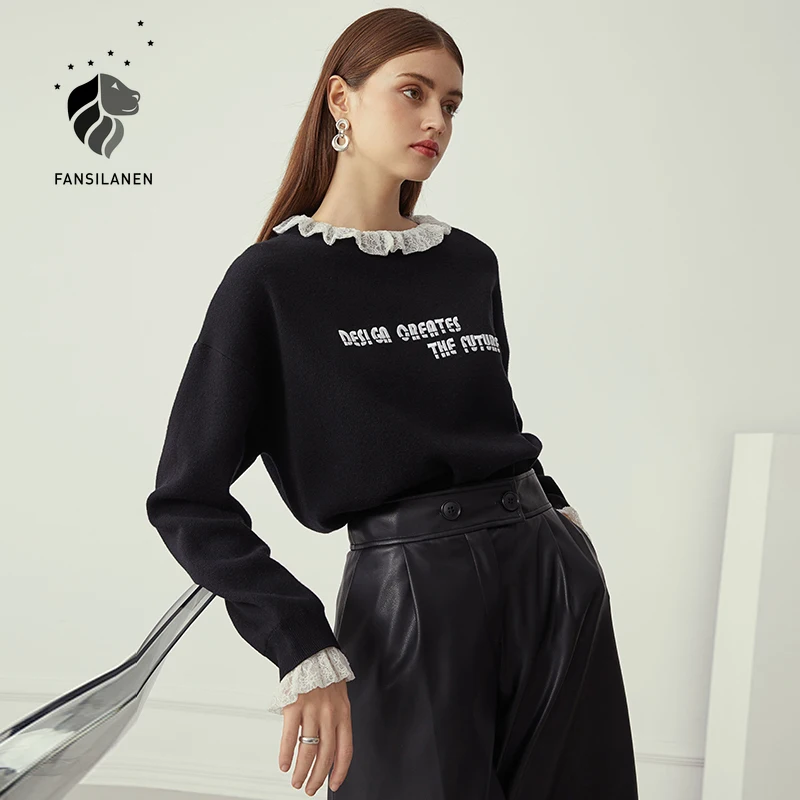 FANSILANEN Letter Embroidery Lace Knitted Sweater Women Ruffle Knitwear Black Oversized Pullover Autumn Winter Retro Sweaters | Женская