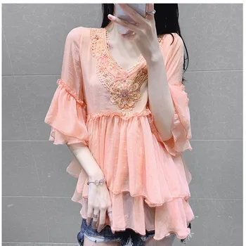 

2020 Spring Summer Vintage Embroidery Large Size Loose Shirt Hook Flowers Hollow Half Sleeve V Neck Flax Solid Color Boho Tops