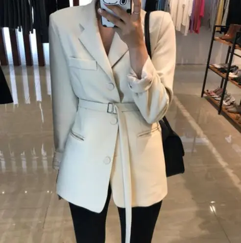 Beige Осенний офисный Женский блейзер тонкий костюм шикарная Талия OL длинная шнуровка черная костюмная куртка Женский Блейзер женская верхняя одежда p1582 - Цвет: Beige