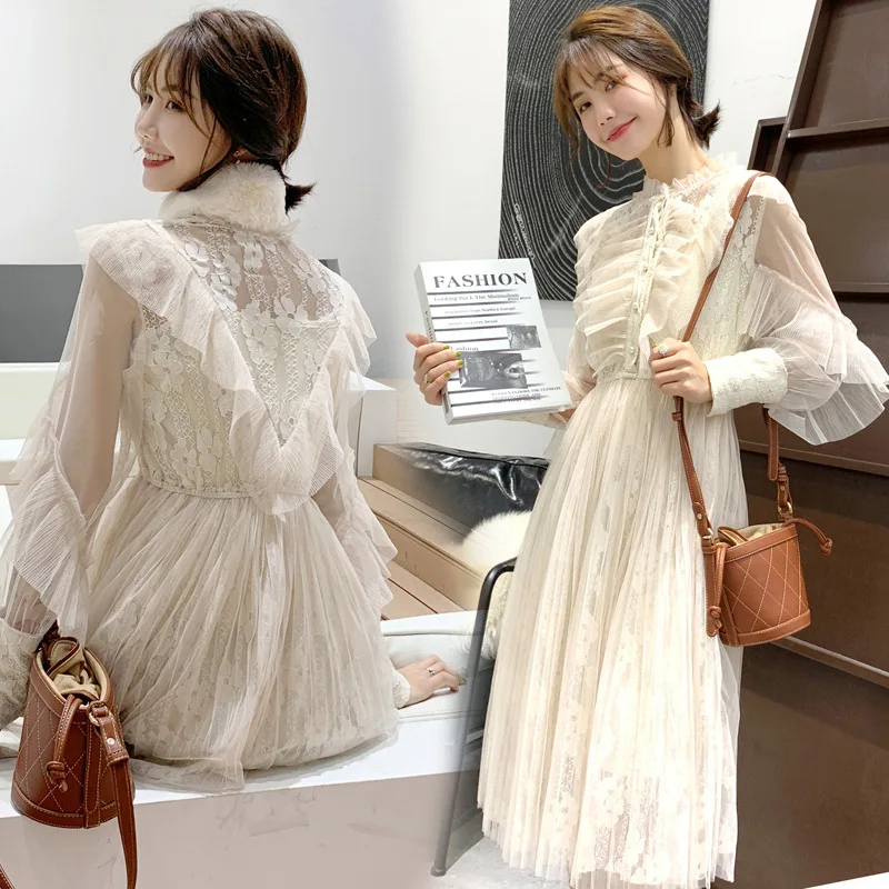

Goddess-Style 2019 Spring Clothing New Style Long Sleeve Immortal Gauze High Collar Beads Flower Two-Piece Dress Fashion
