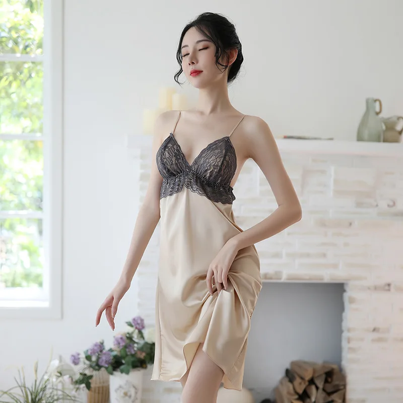

Lace Silk Nightgown Womens Clothing Lingerie Dress Night Dress Lace V-neck Women Sleepwear Spaghetti Strap Nightwear Lingerie