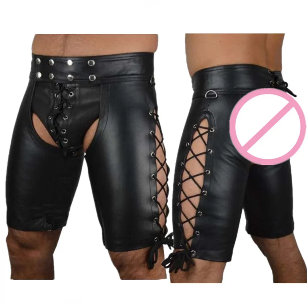 

Sexy Couple Underwear Gay Men Boxer Shorts Faux Leather Wet Look Underpants Bondage Open Crotch Pouch Trunks Ass Free Gay Cueca