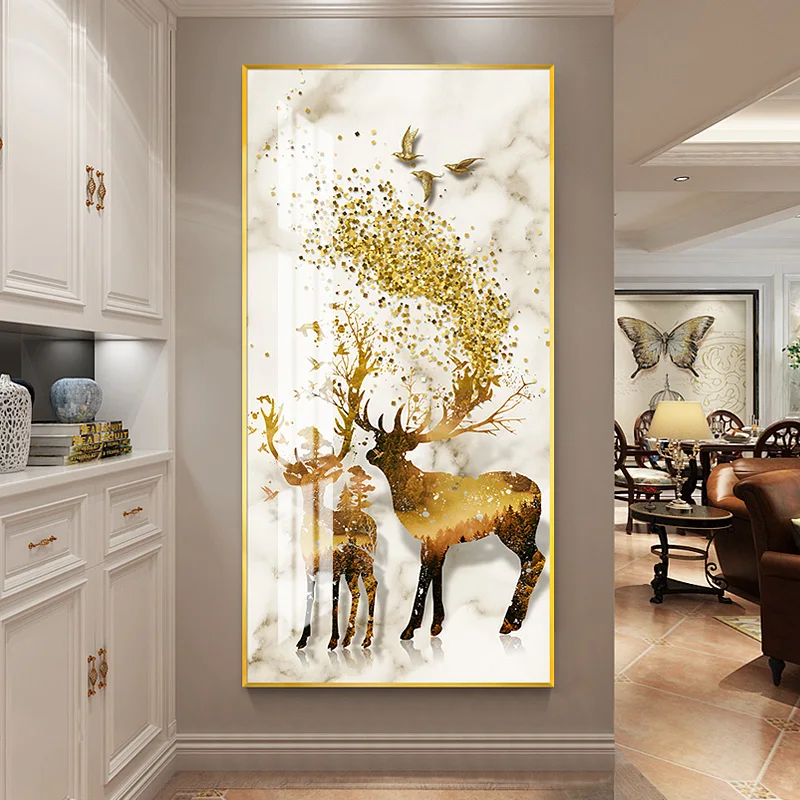 

Golden Deer Silhouette painting Creative Crystal Porcelain Painting Nordic style Hotel Living room Home decorative pictrues