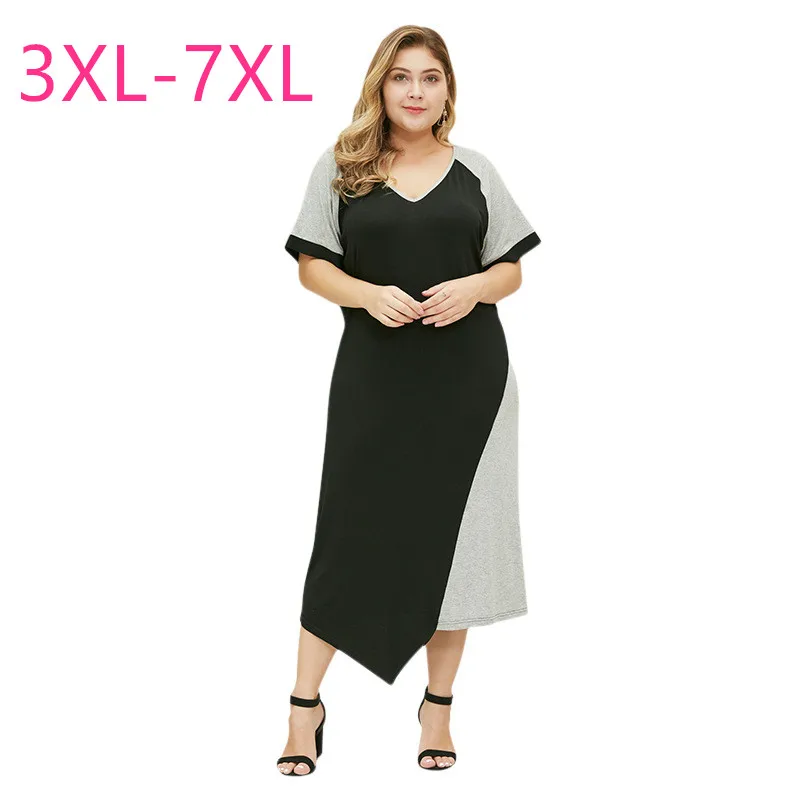 

2020 new summer plus size long dress for women large loose casual short sleeve V neck dresses black gray 3XL 4XL 5XL 6XL 7XL